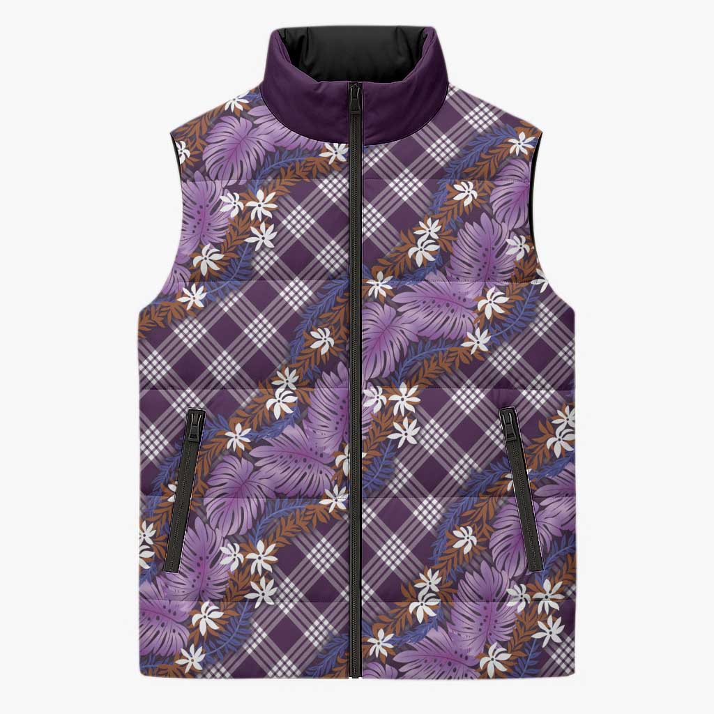 Polynesian Monstera Tiare Floral Sleeveless Puffer Jacket Lavender Tropical Plaid LT01 Unisex Purple - Polynesian Pride