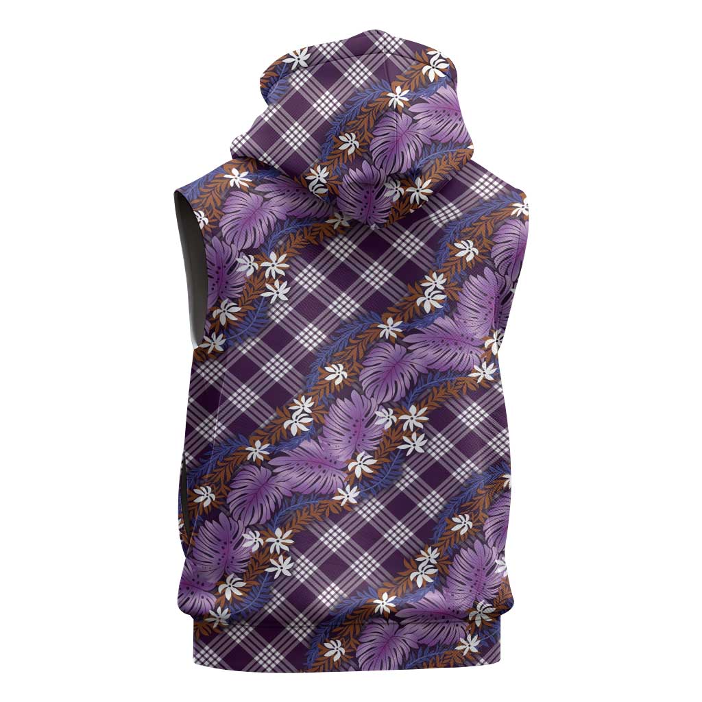 Polynesian Monstera Tiare Floral Sleeveless Zip Hoodie Lavender Tropical Plaid - Polynesian Pride