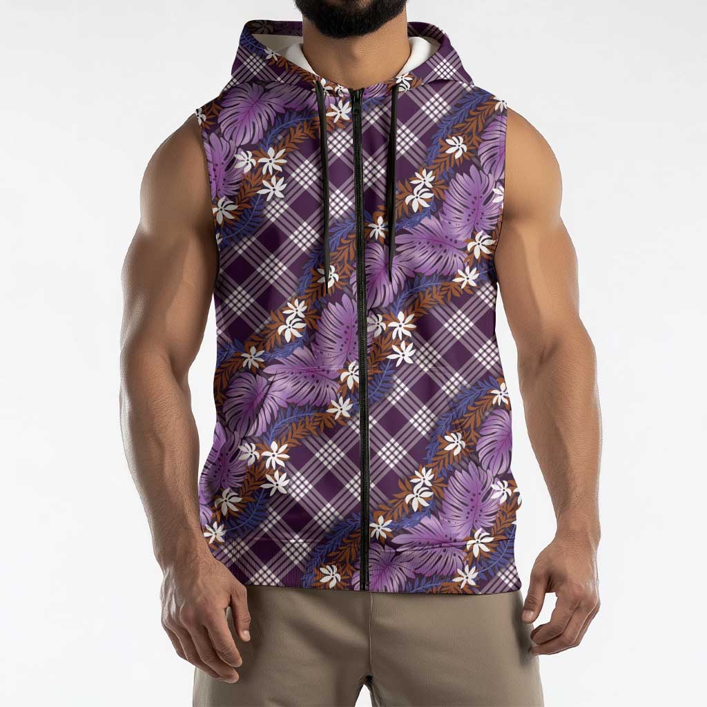 Polynesian Monstera Tiare Floral Sleeveless Zip Hoodie Lavender Tropical Plaid - Polynesian Pride