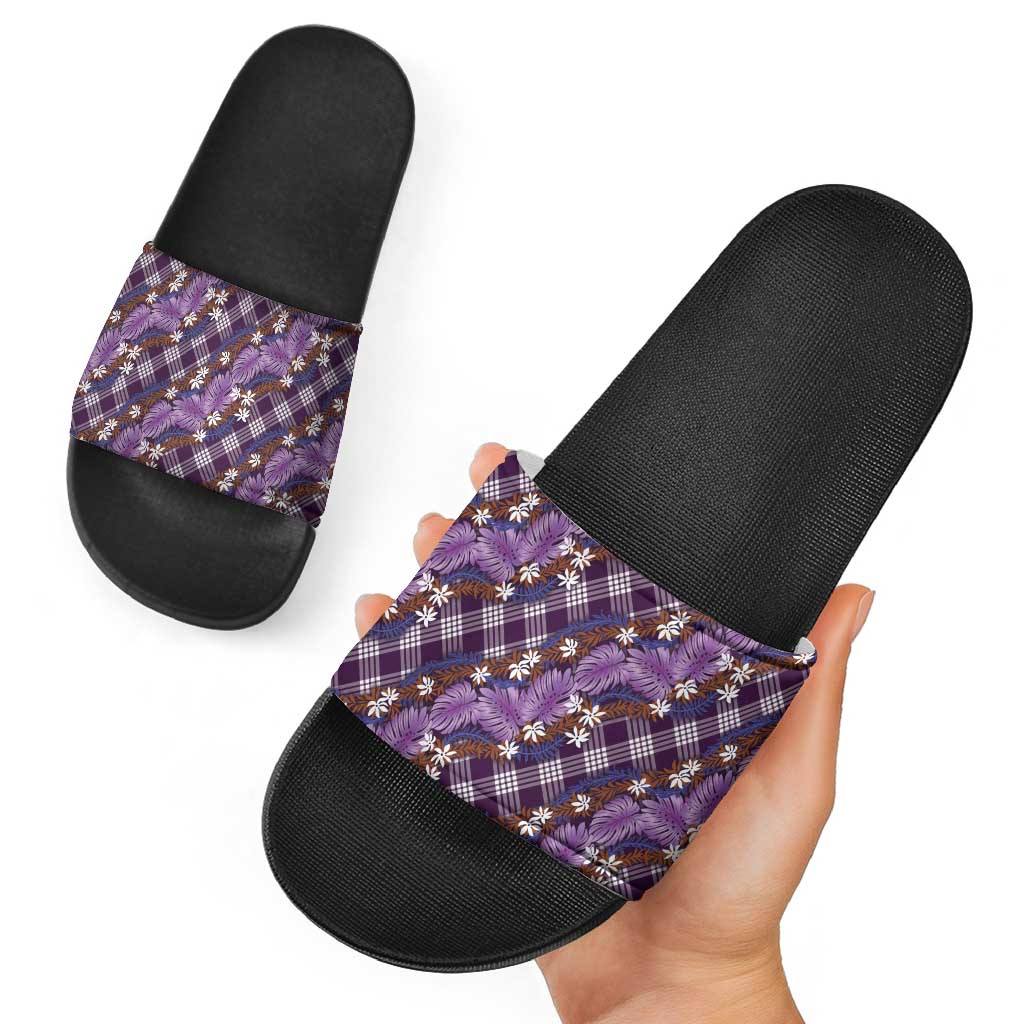 Polynesian Monstera Tiare Floral Slide Sandals Lavender Tropical Plaid - Polynesian Pride