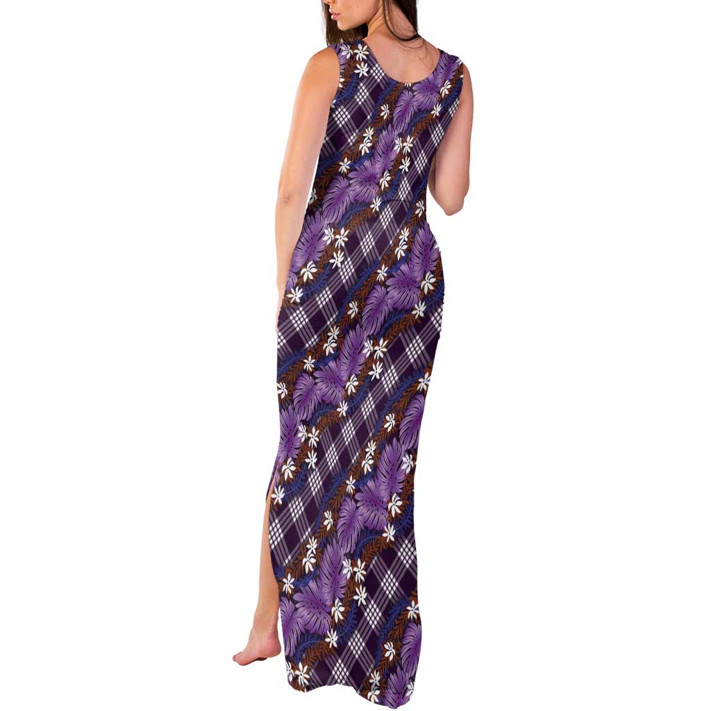 Polynesian Monstera Tiare Floral Tank Maxi Dress Lavender Tropical Plaid - Polynesian Pride