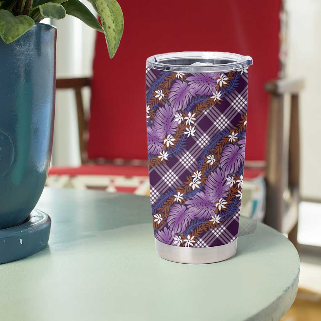Polynesian Monstera Tiare Floral Tumbler Cup Lavender Tropical Plaid - Polynesian Pride