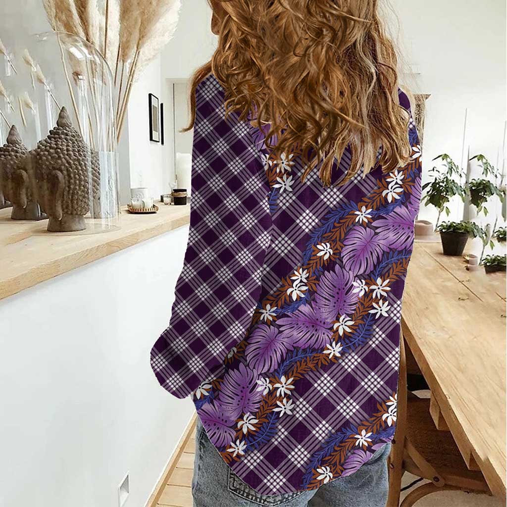 Polynesian Monstera Tiare Floral Women Casual Shirt Lavender Tropical Plaid - Polynesian Pride