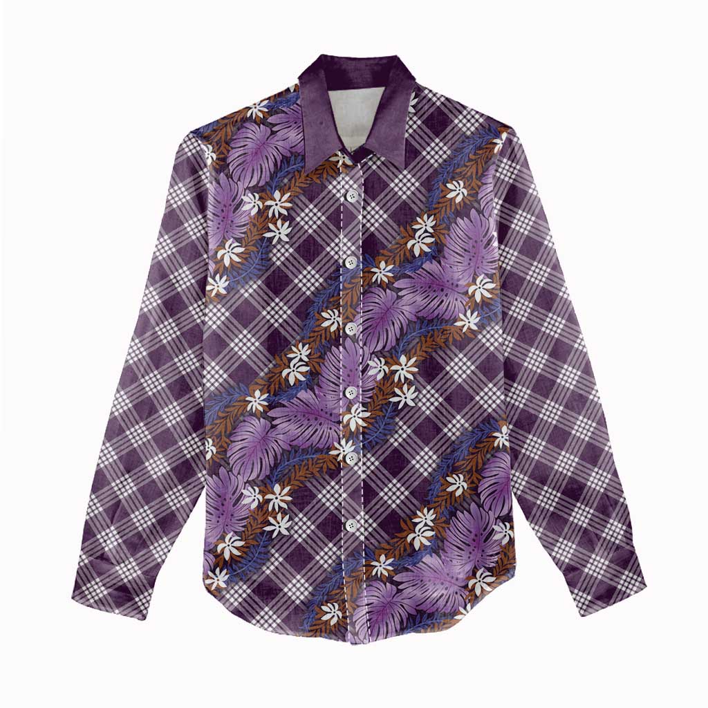 Polynesian Monstera Tiare Floral Women Casual Shirt Lavender Tropical Plaid - Polynesian Pride