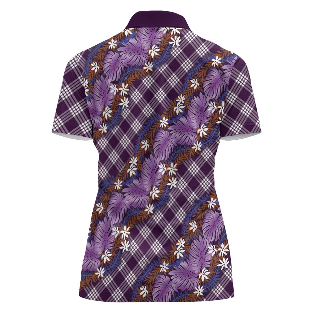 Polynesian Monstera Tiare Floral Women Polo Shirt Lavender Tropical Plaid - Polynesian Pride