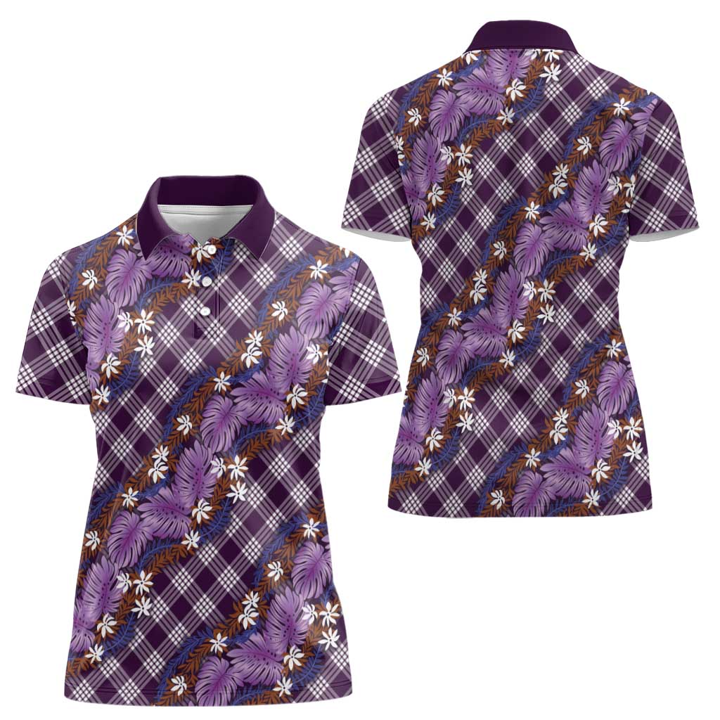 Polynesian Monstera Tiare Floral Women Polo Shirt Lavender Tropical Plaid - Polynesian Pride