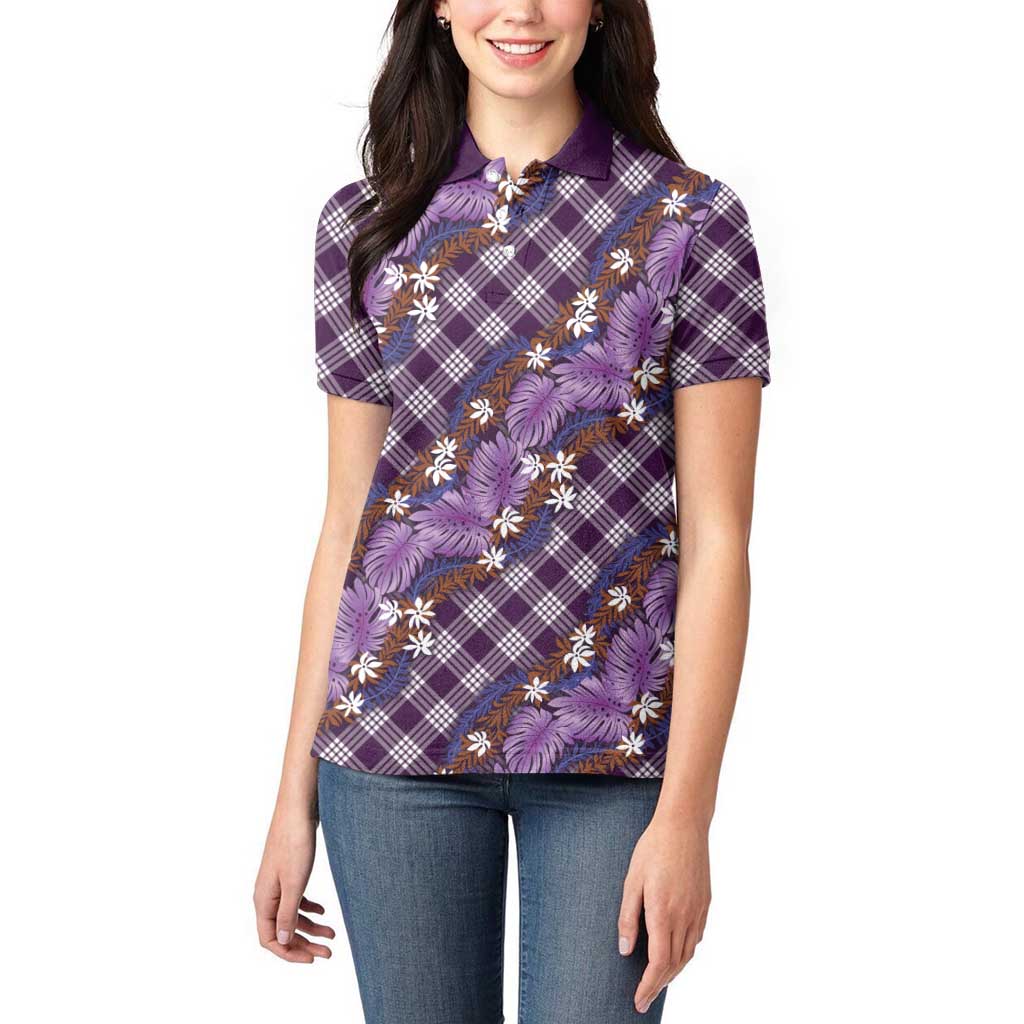 Polynesian Monstera Tiare Floral Women Polo Shirt Lavender Tropical Plaid - Polynesian Pride