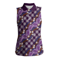 Polynesian Monstera Tiare Floral Women Sleeveless Polo Shirt Lavender Tropical Plaid - Polynesian Pride