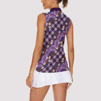 Polynesian Monstera Tiare Floral Women Sleeveless Polo Shirt Lavender Tropical Plaid - Polynesian Pride