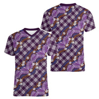 Polynesian Monstera Tiare Floral Women V-Neck T-Shirt Lavender Tropical Plaid - Polynesian Pride