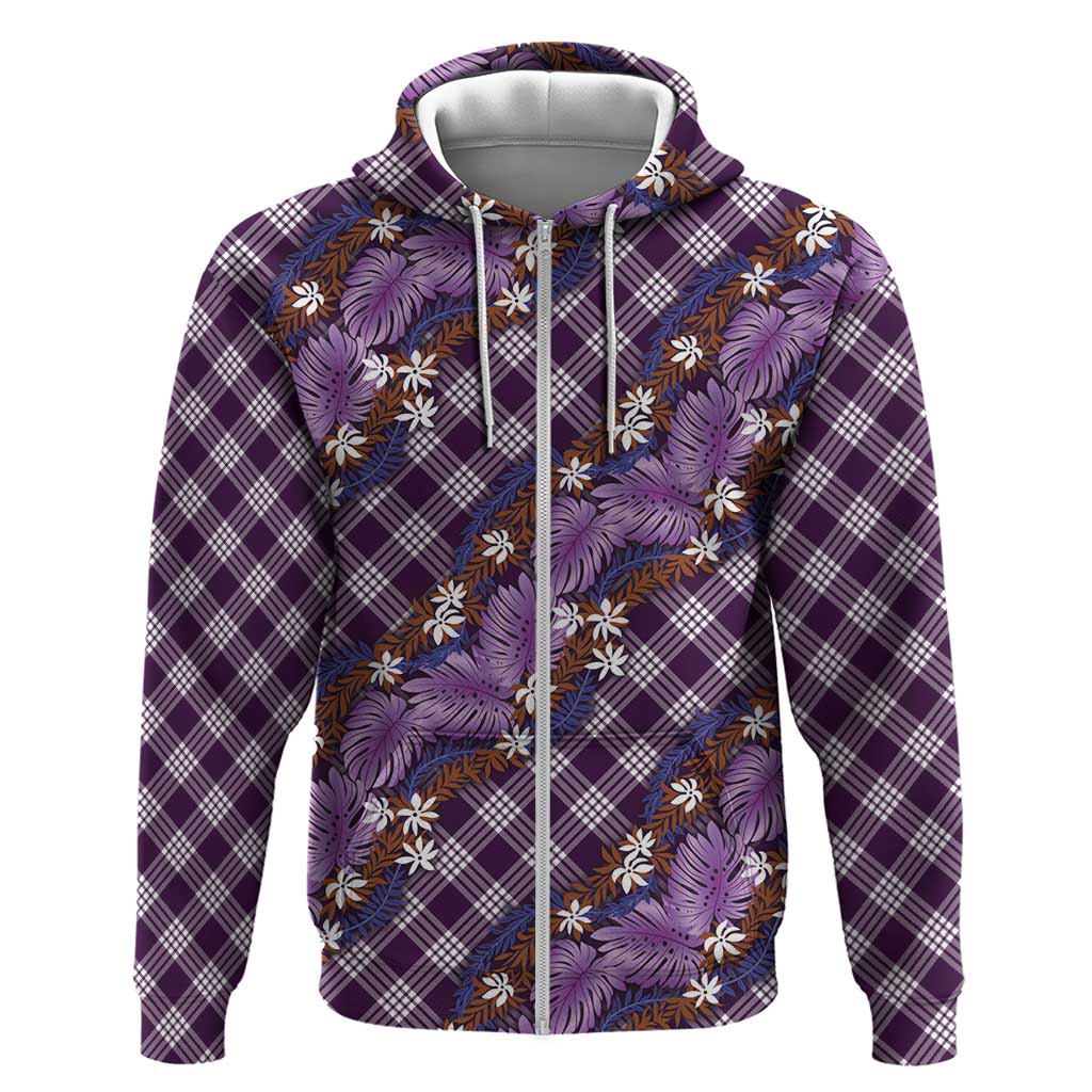 Polynesian Monstera Tiare Floral Zip Hoodie Lavender Tropical Plaid LT01 Zip Hoodie Purple - Polynesian Pride