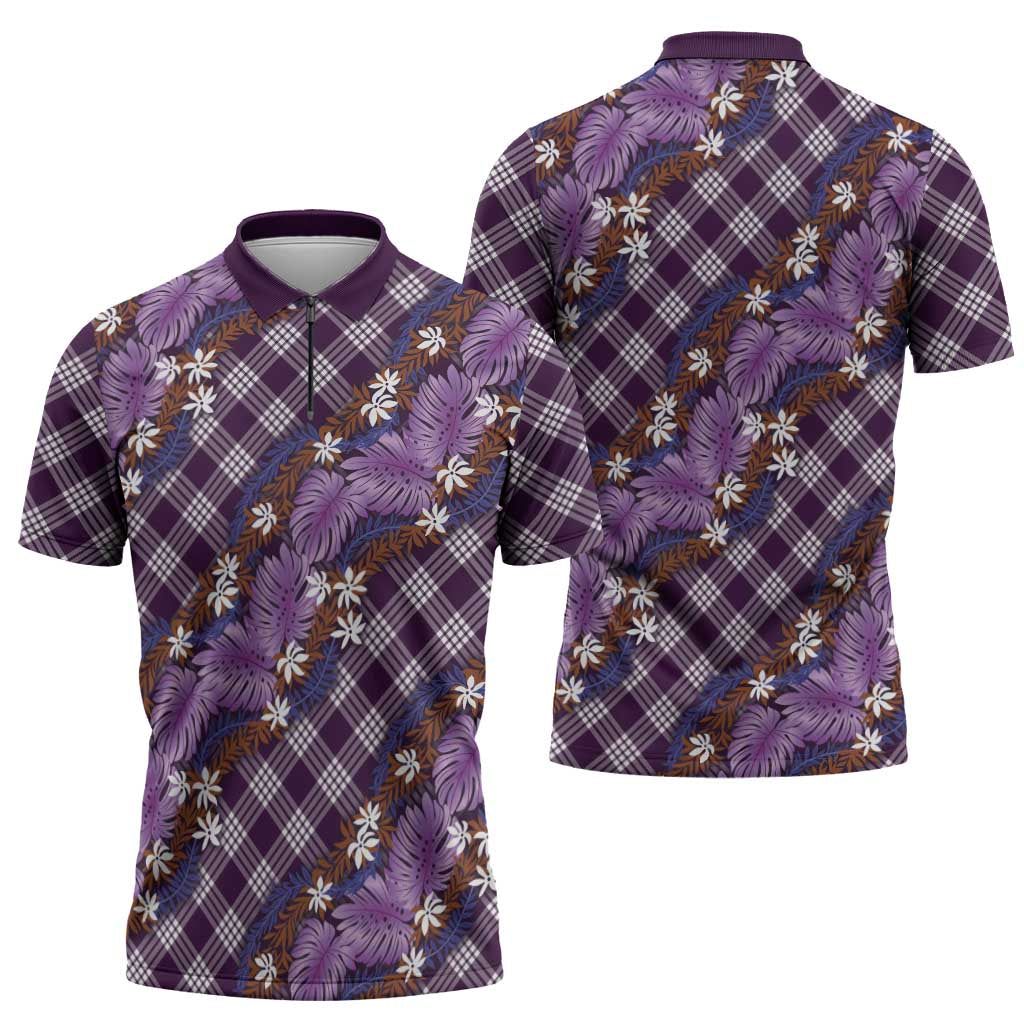 Polynesian Monstera Tiare Floral Zipper Polo Shirt Lavender Tropical Plaid - Polynesian Pride