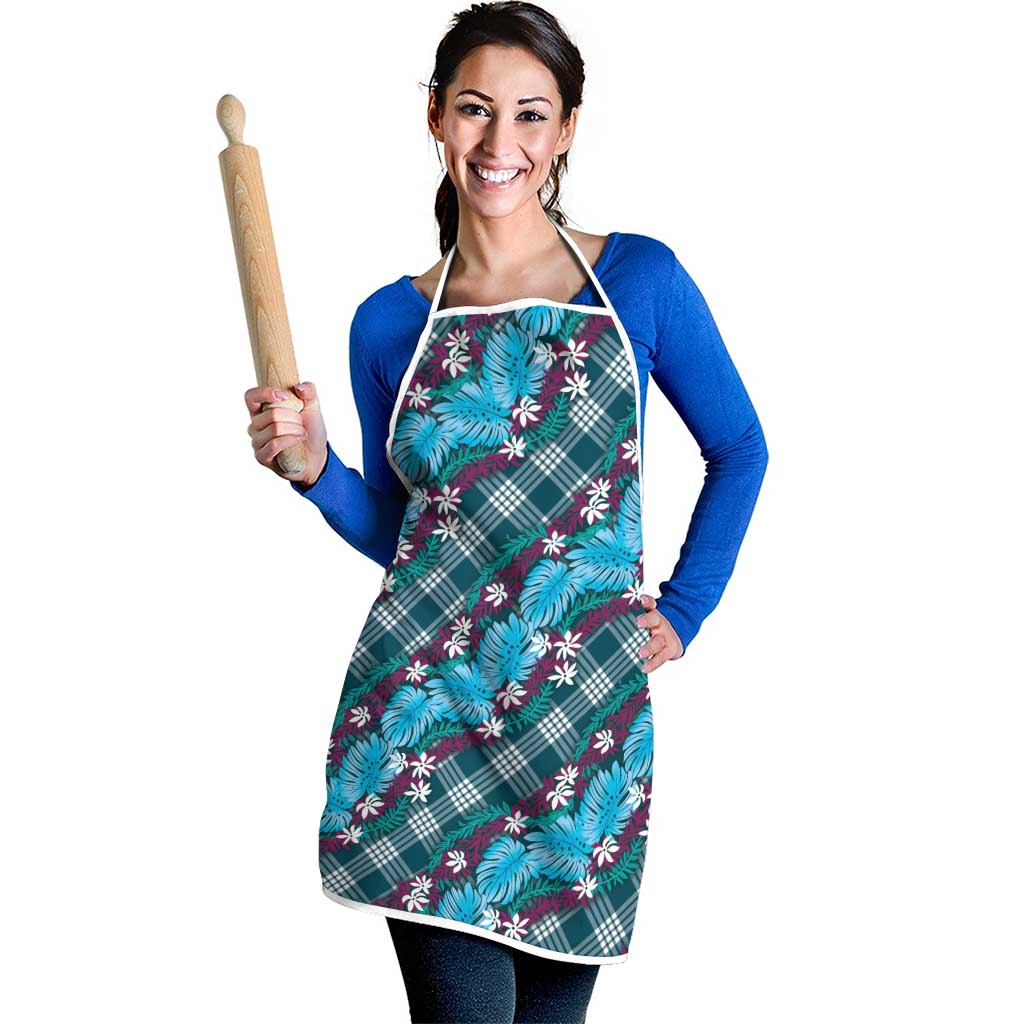 Polynesian Monstera Tiare Floral Apron Dark Teal Tropical Plaid - Polynesian Pride
