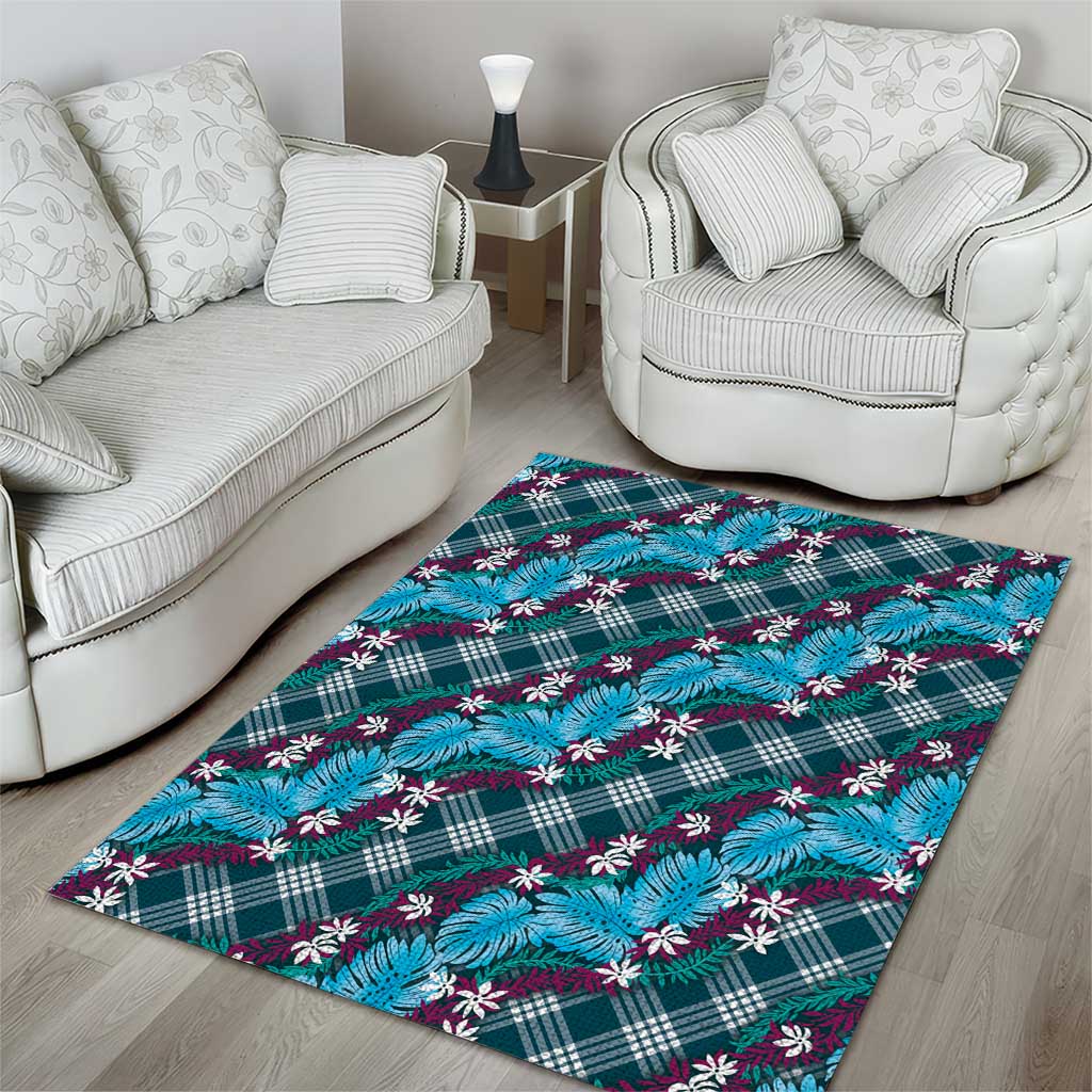 Polynesian Monstera Tiare Floral Area Rug Dark Teal Tropical Plaid - Polynesian Pride