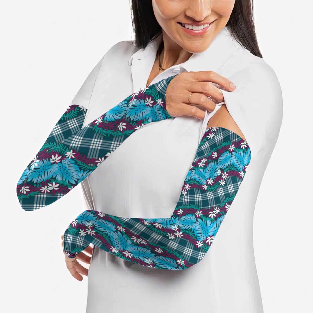 Polynesian Monstera Tiare Floral Arm Sleeves Dark Teal Tropical Plaid - Polynesian Pride
