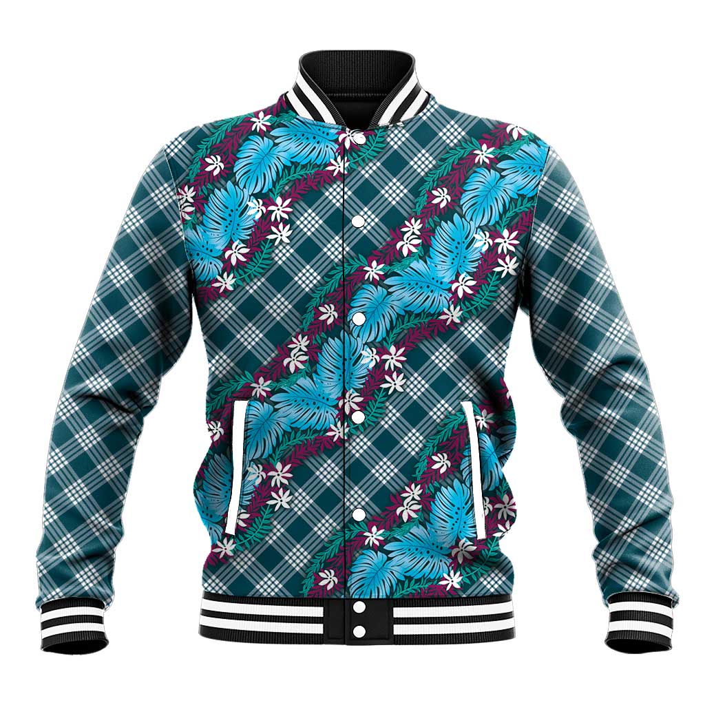 Polynesian Monstera Tiare Floral Baseball Jacket Dark Teal Tropical Plaid - Polynesian Pride