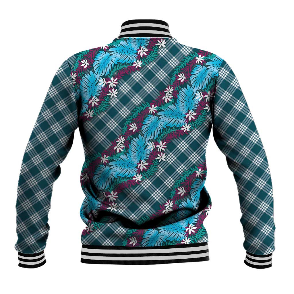 Polynesian Monstera Tiare Floral Baseball Jacket Dark Teal Tropical Plaid - Polynesian Pride
