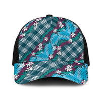 Polynesian Monstera Tiare Floral Baseball Net Cap Dark Teal Tropical Plaid - Polynesian Pride