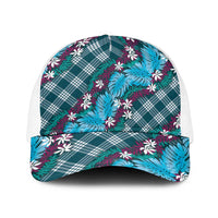 Polynesian Monstera Tiare Floral Baseball Net Cap Dark Teal Tropical Plaid - Polynesian Pride