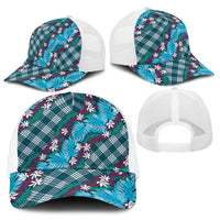 Polynesian Monstera Tiare Floral Baseball Net Cap Dark Teal Tropical Plaid - Polynesian Pride