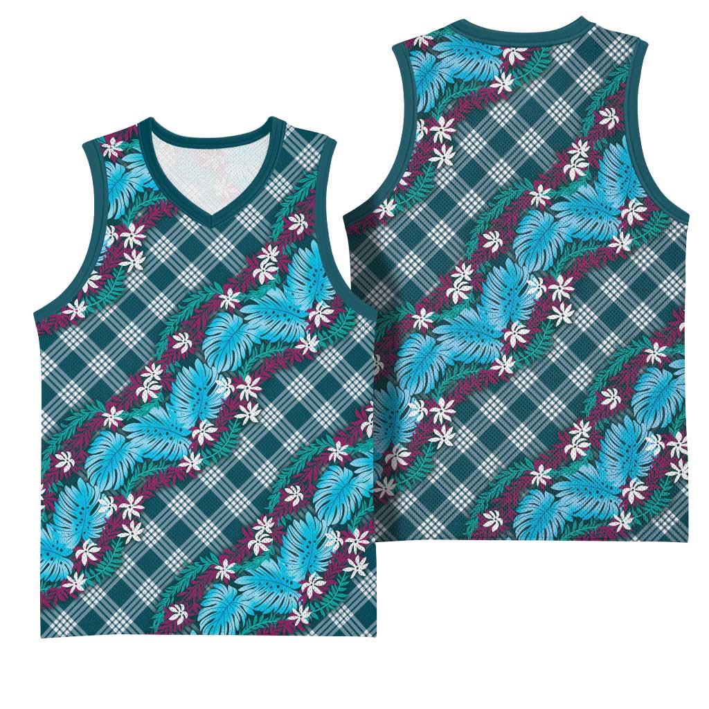 Polynesian Monstera Tiare Floral Basketball Jersey Dark Teal Tropical Plaid - Polynesian Pride