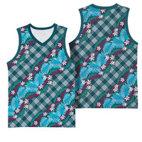 Polynesian Monstera Tiare Floral Basketball Jersey Dark Teal Tropical Plaid - Polynesian Pride