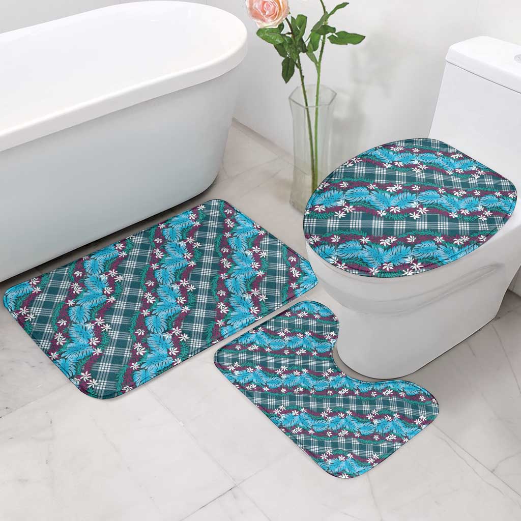 Polynesian Monstera Tiare Floral Bathroom Set Dark Teal Tropical Plaid - Polynesian Pride