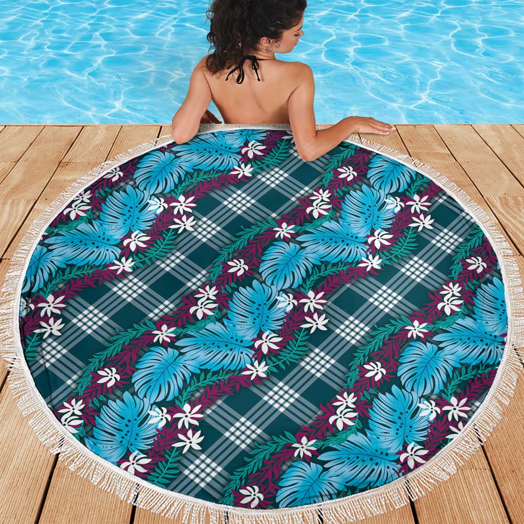 Polynesian Monstera Tiare Floral Beach Blanket Dark Teal Tropical Plaid - Polynesian Pride