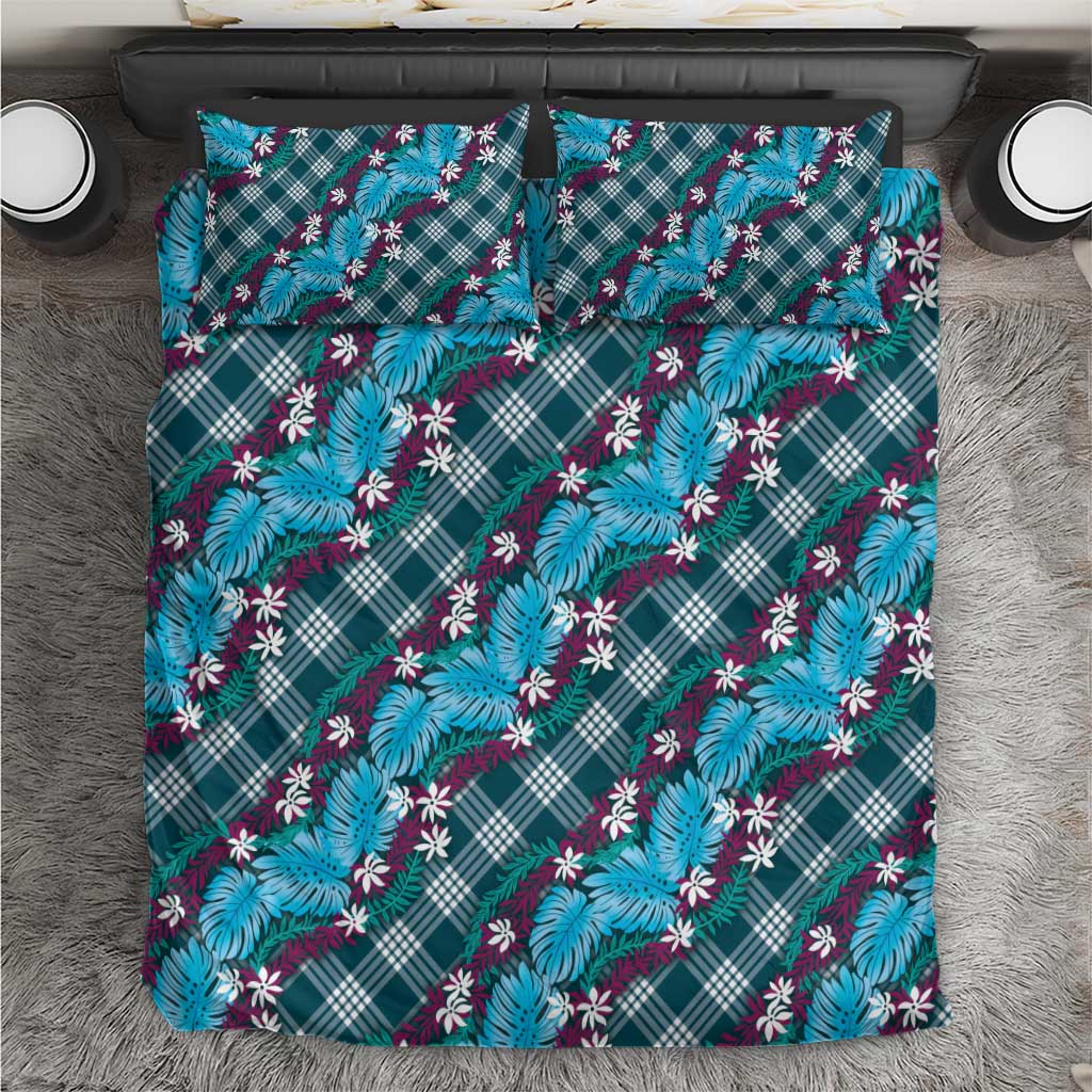 Polynesian Monstera Tiare Floral Bedding Set Dark Teal Tropical Plaid - Polynesian Pride