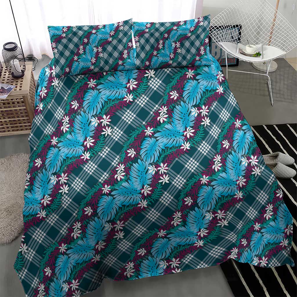 Polynesian Monstera Tiare Floral Bedding Set Dark Teal Tropical Plaid - Polynesian Pride