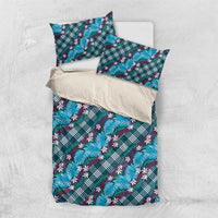 Polynesian Monstera Tiare Floral Bedding Set Dark Teal Tropical Plaid - Polynesian Pride