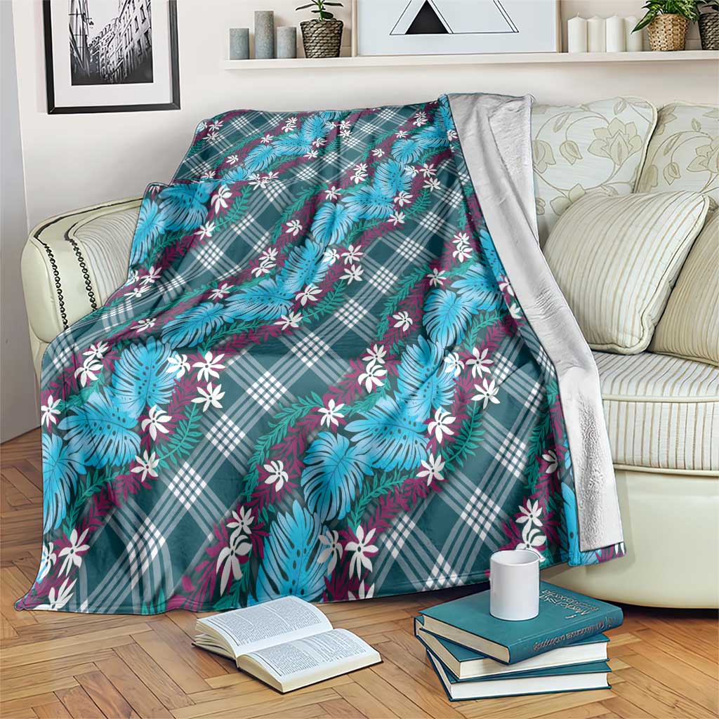 Polynesian Monstera Tiare Floral Blanket Dark Teal Tropical Plaid - Polynesian Pride
