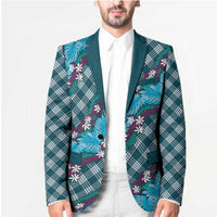 Polynesian Monstera Tiare Floral Blazer Dark Teal Tropical Plaid - Polynesian Pride