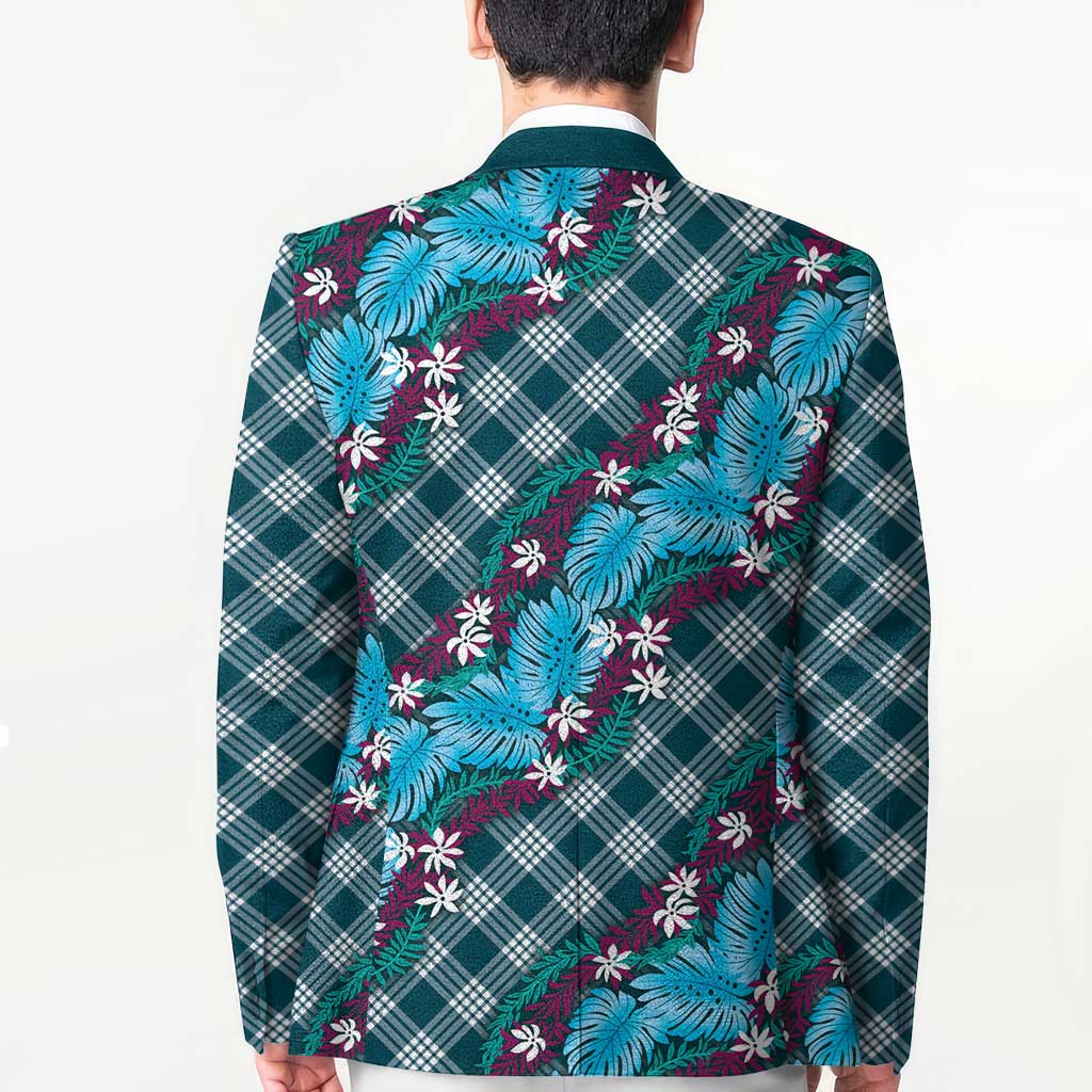 Polynesian Monstera Tiare Floral Blazer Dark Teal Tropical Plaid - Polynesian Pride