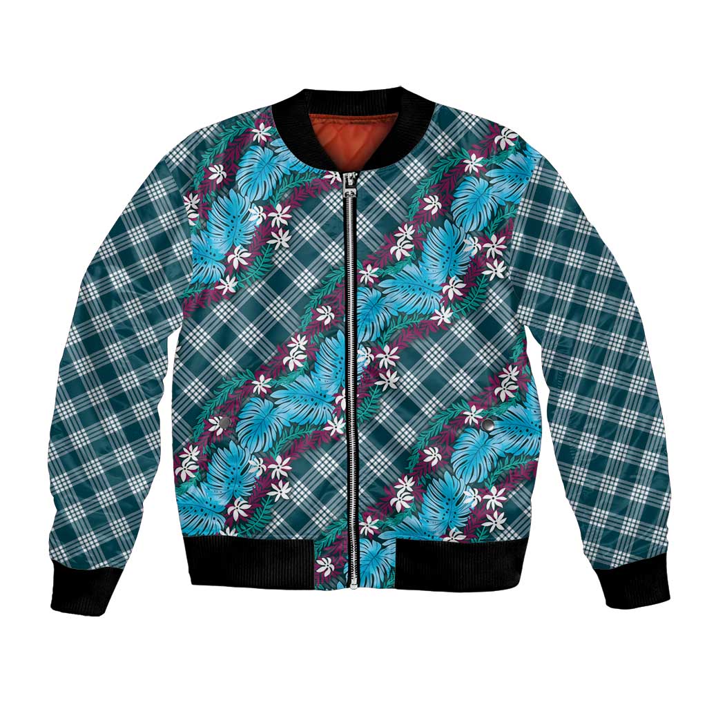 Polynesian Monstera Tiare Floral Bomber Jacket Dark Teal Tropical Plaid LT01 Unisex Teal - Polynesian Pride
