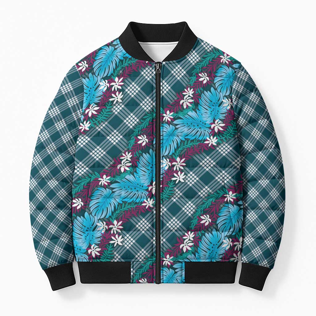 Polynesian Monstera Tiare Floral Bomber Puffer Jacket Dark Teal Tropical Plaid LT01 Unisex Teal - Polynesian Pride
