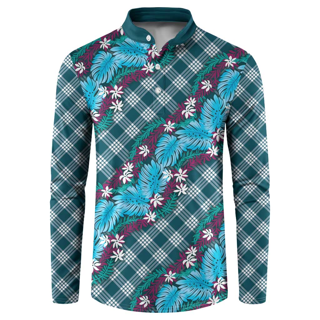 Polynesian Monstera Tiare Floral Button Sweatshirt Dark Teal Tropical Plaid - Polynesian Pride