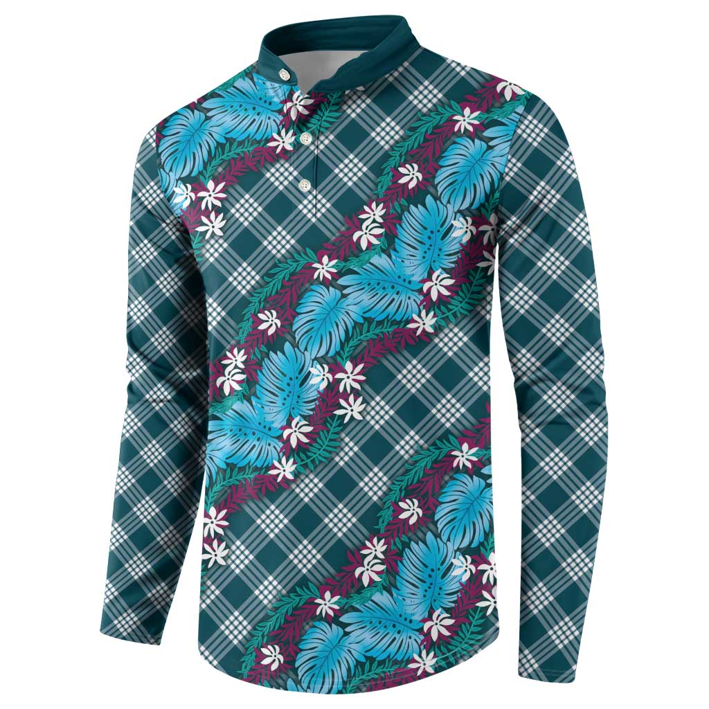 Polynesian Monstera Tiare Floral Button Sweatshirt Dark Teal Tropical Plaid - Polynesian Pride