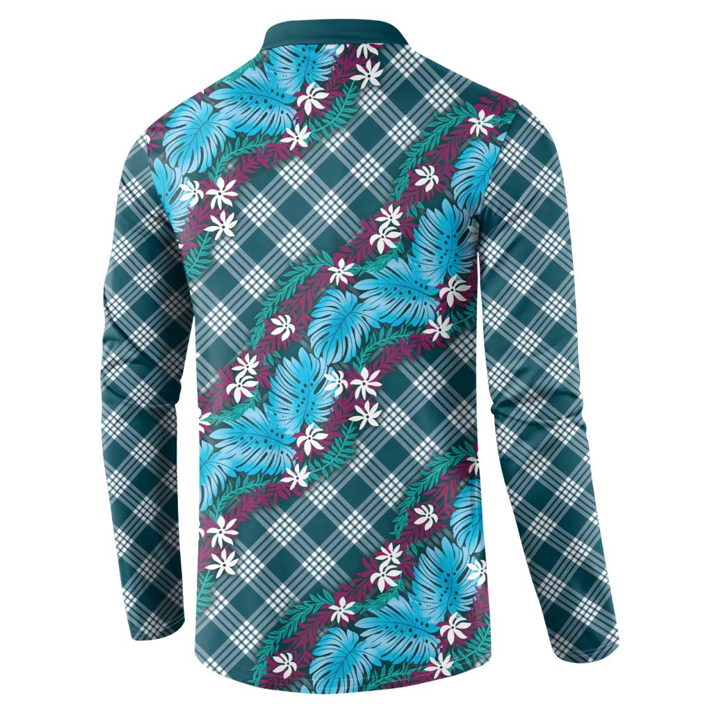 Polynesian Monstera Tiare Floral Button Sweatshirt Dark Teal Tropical Plaid - Polynesian Pride