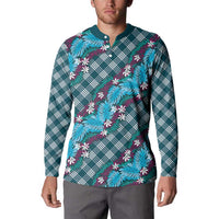 Polynesian Monstera Tiare Floral Button Sweatshirt Dark Teal Tropical Plaid - Polynesian Pride