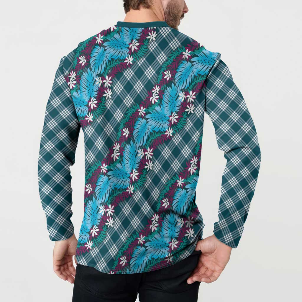 Polynesian Monstera Tiare Floral Button Sweatshirt Dark Teal Tropical Plaid - Polynesian Pride
