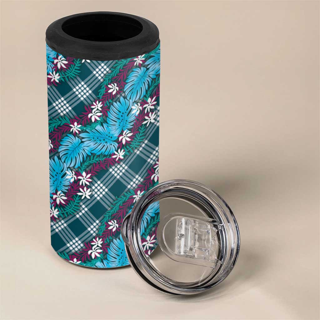 Polynesian Monstera Tiare Floral 4 in 1 Can Cooler Tumbler Dark Teal Tropical Plaid - Polynesian Pride