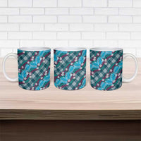 Polynesian Monstera Tiare Floral Ceramic Mug Dark Teal Tropical Plaid - Polynesian Pride