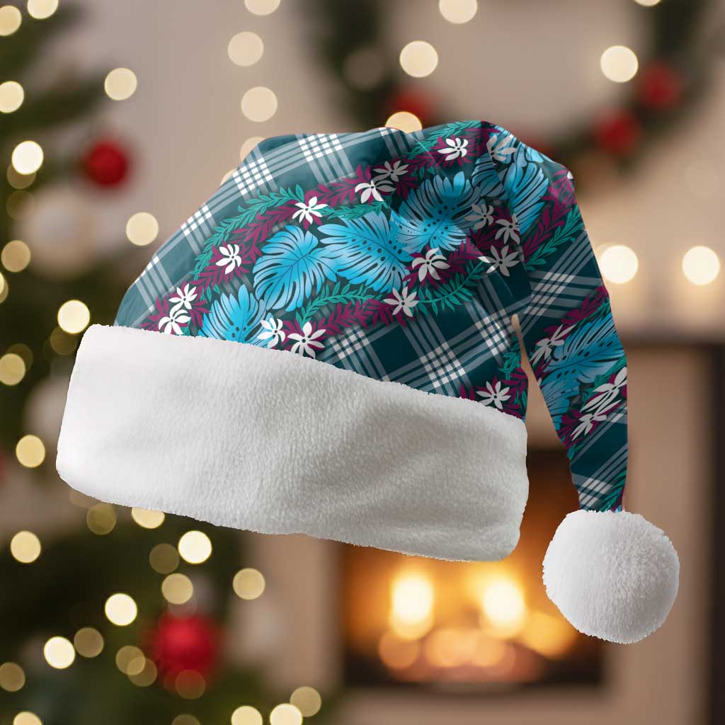 Polynesian Monstera Tiare Floral Christmas Santa Hat Dark Teal Tropical Plaid - Polynesian Pride