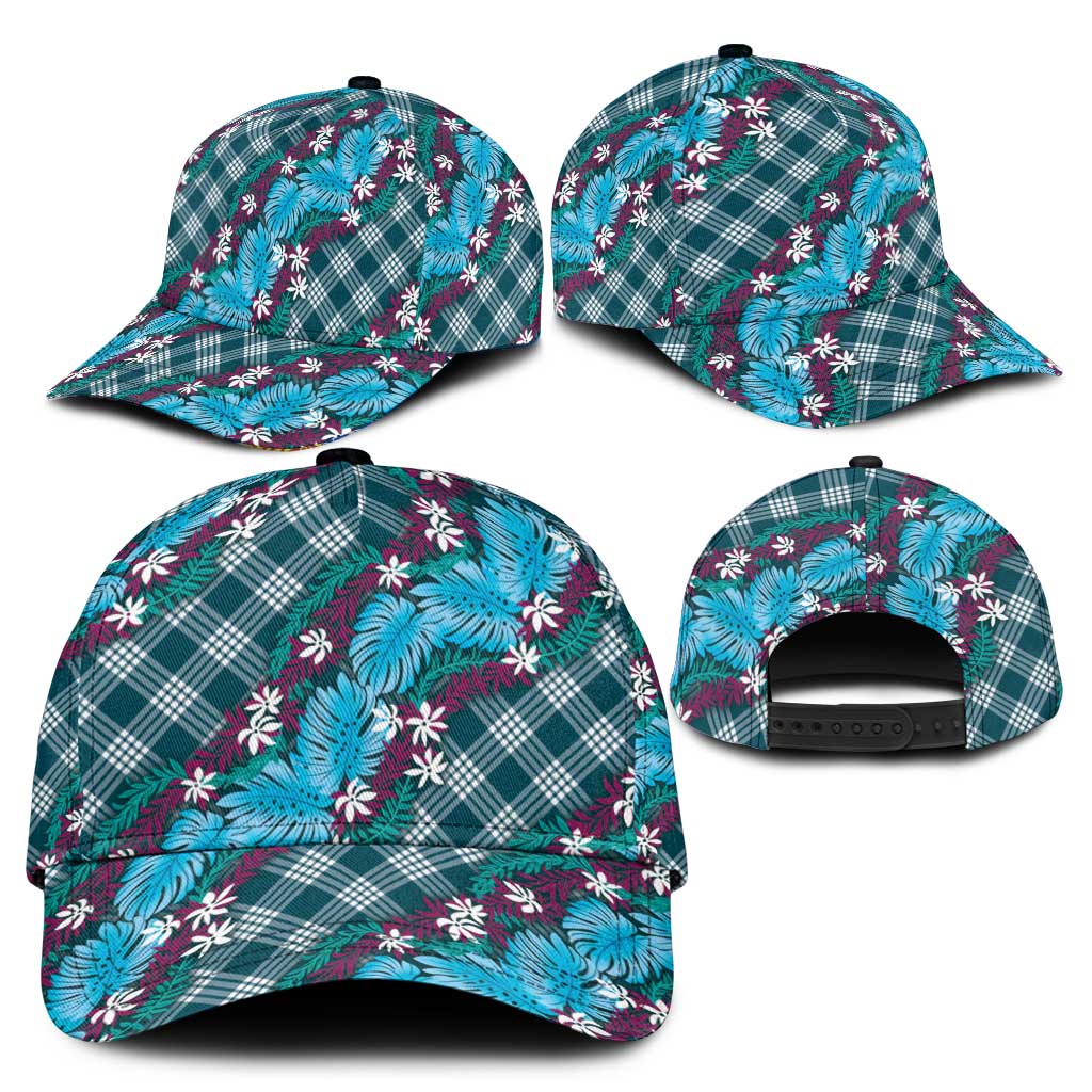 Polynesian Monstera Tiare Floral Classic Cap Dark Teal Tropical Plaid - Polynesian Pride