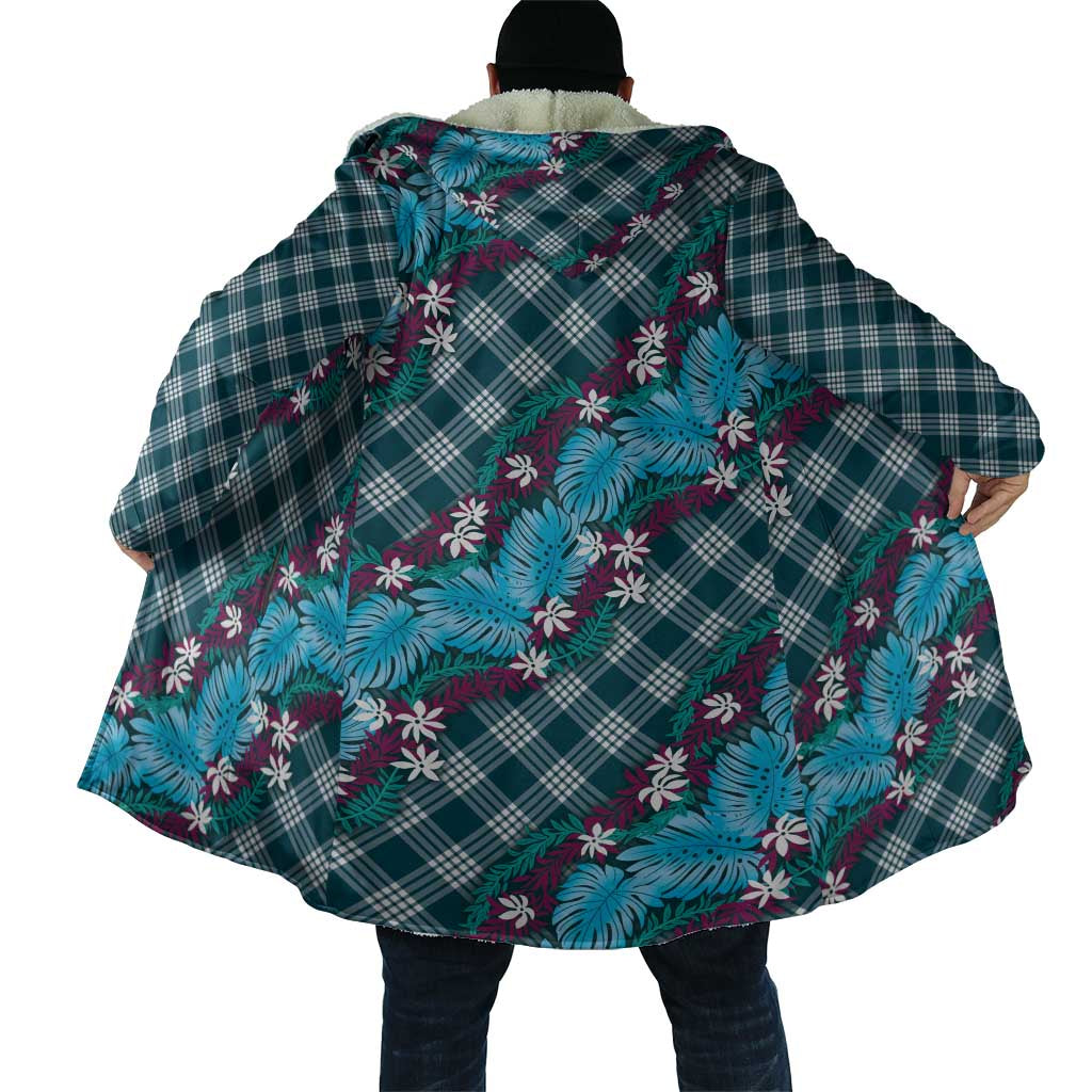Polynesian Monstera Tiare Floral Cloak Dark Teal Tropical Plaid - Polynesian Pride