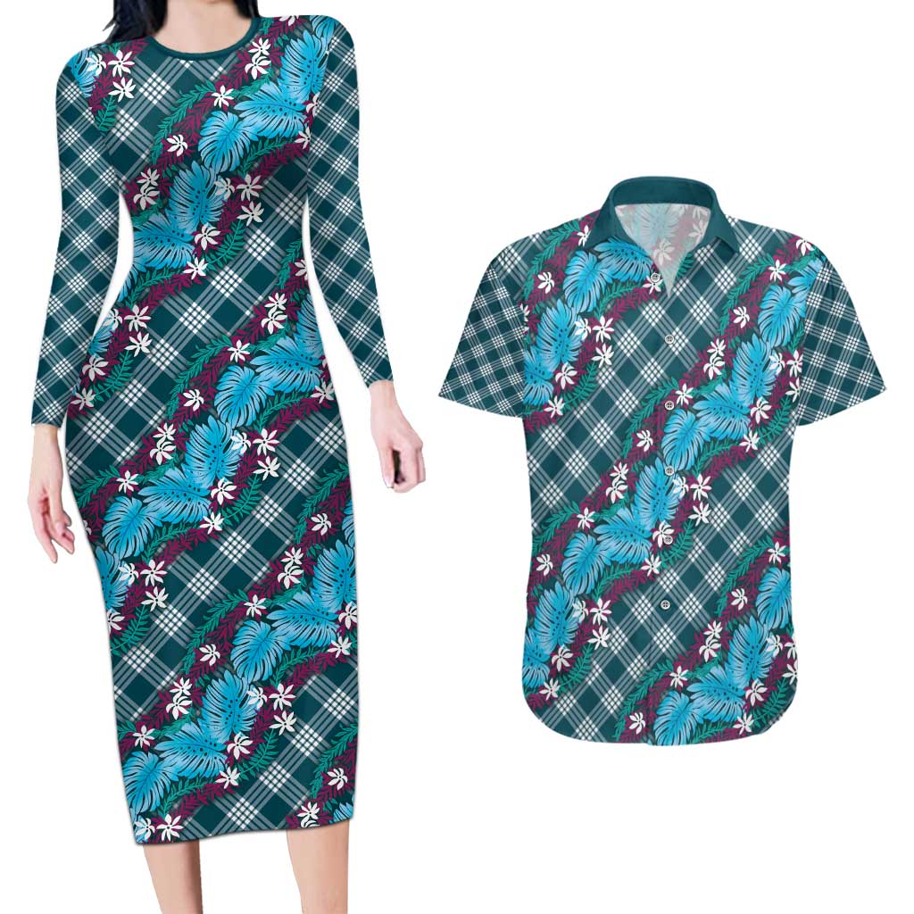 Polynesian Monstera Tiare Floral Couples Matching Long Sleeve Bodycon Dress and Hawaiian Shirt Dark Teal Tropical Plaid - Polynesian Pride