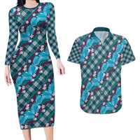 Polynesian Monstera Tiare Floral Couples Matching Long Sleeve Bodycon Dress and Hawaiian Shirt Dark Teal Tropical Plaid - Polynesian Pride