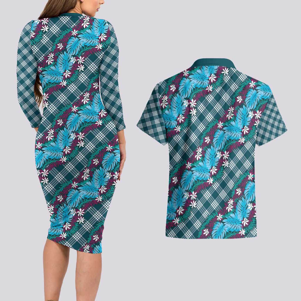 Polynesian Monstera Tiare Floral Couples Matching Long Sleeve Bodycon Dress and Hawaiian Shirt Dark Teal Tropical Plaid - Polynesian Pride