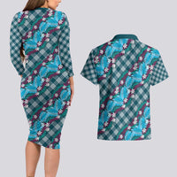 Polynesian Monstera Tiare Floral Couples Matching Long Sleeve Bodycon Dress and Hawaiian Shirt Dark Teal Tropical Plaid - Polynesian Pride